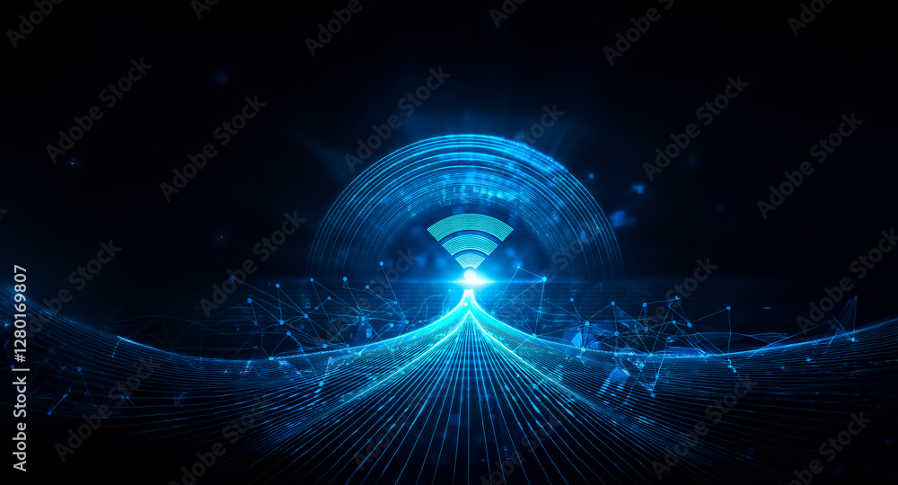 Wall mural futuristic blue abstract design on a dark backdrop. glowing lines create a tunnel or path leading to