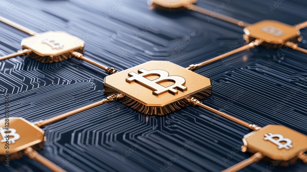 Poster A close-up view of a circuit board featuring interconnected Bitcoin icons, symbolizing cryptocurrency technology and blockchain networks.