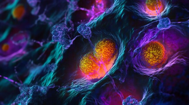 Abstract colorful stem cells under microscope view – scientific 3d illustration of biological cells in laboratory for medical research, regenerative medicine, and biotechnology



