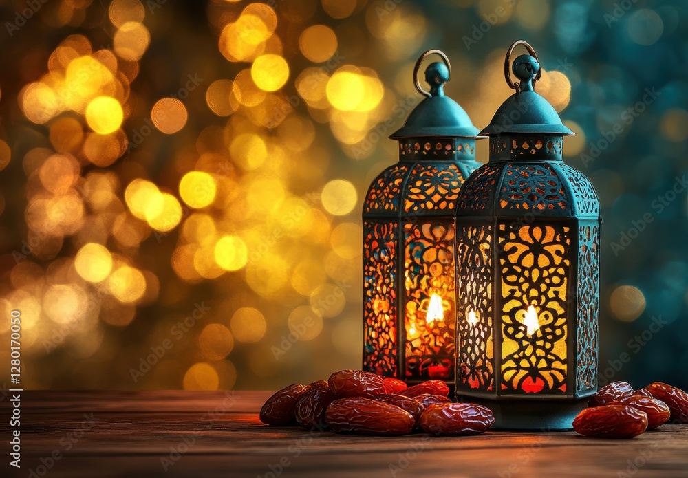 Poster intricate lanterns illuminated with warm glow surrounded by dates on wooden table with bokeh backgro