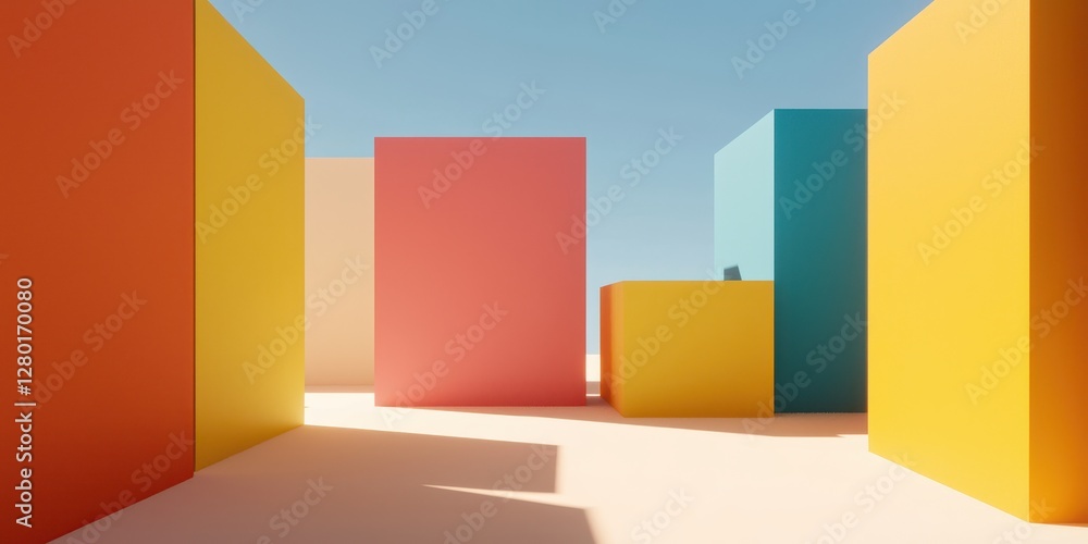 Poster A vibrant, abstract scene featuring colorful geometric blocks under a clear sky, creating a playful and modern landscape.