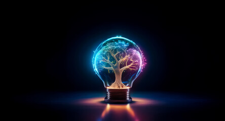 A vibrant, neon tree thrives inside a glowing lightbulb against a stark, dark backdrop.  The image evokes concepts of bright ideas, innovation, and growth.