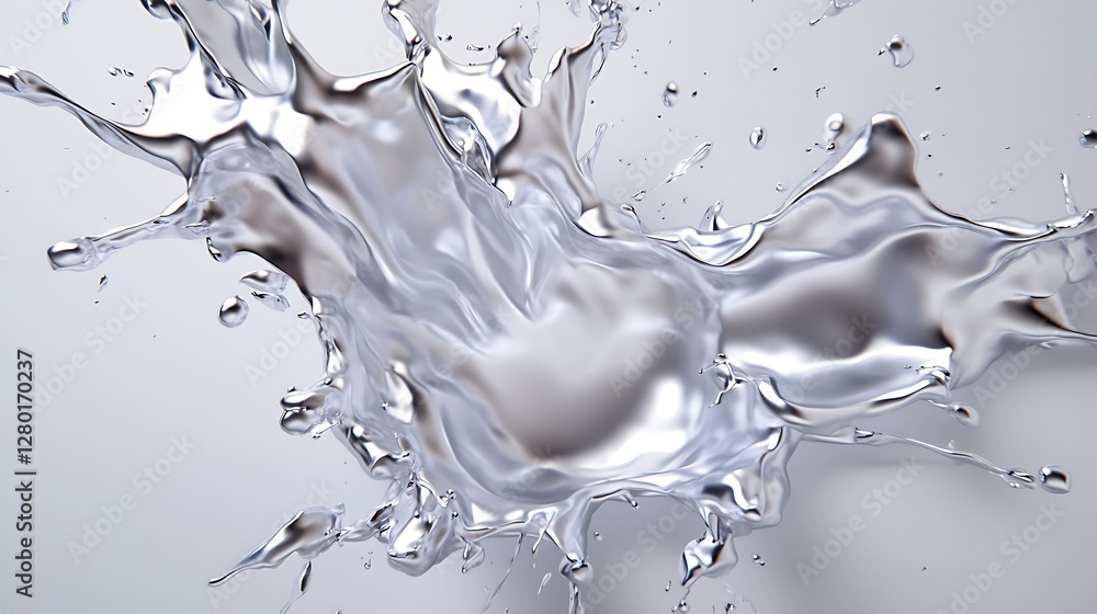 Poster abstract image of a silver liquid splash against a light gray background. the splash is dynamic and 