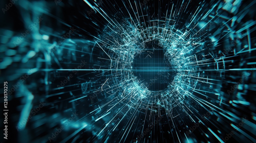 Poster a shattered financial chart with crisp cyber lines on a dark tech background, featuring glowing high