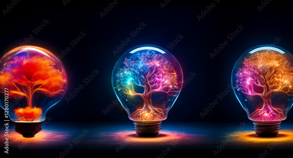 Poster three glowing lightbulbs showcase vibrant trees within, each illuminated in distinct colors against 