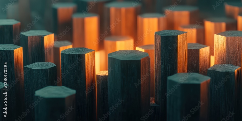Poster a close-up view of wooden cylinders illuminated by warm light, creating a textured and atmospheric e