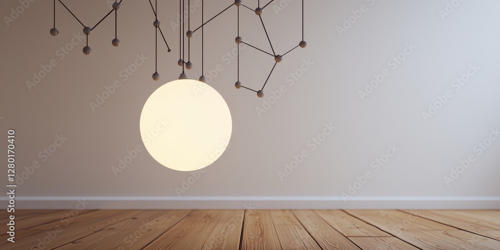 Poster a minimalistic interior featuring a large circular light fixture and geometric wall decor, creating 