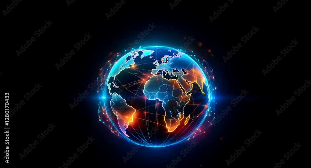 Poster illuminated globe with interconnected glowing lines and dots, symbolizing global network connections