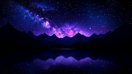 Obraz premium Mystical night landscape with majestic mountains and vibrant starry sky reflected in the tranquil waterscape for serene backgrounds