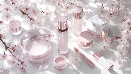 Spring cosmetics, cherry blossoms, skincare, flatlay