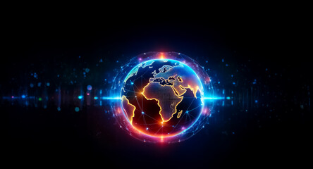 A glowing globe of Earth is encircled by vibrant digital light trails and particles against a stark black backdrop.  Suggesting a global network and interconnectedness.