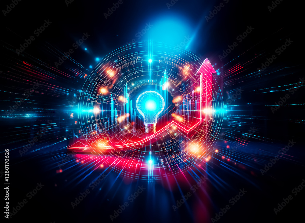 Poster glowing red arrow and blue line graph ascend against a dark background, symbolizing growth and posit