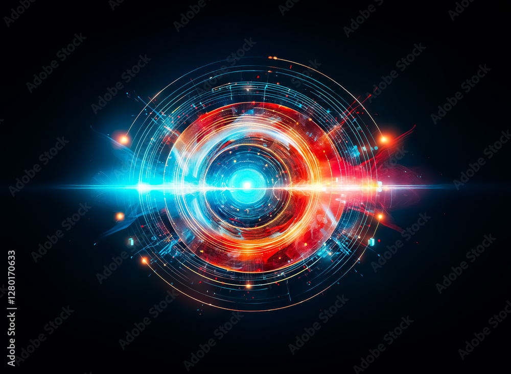 Aufkleber Abstract glowing circle design. Blue and orange lights emanate from the center, creating a futuristic, technological effect against a dark backdrop.