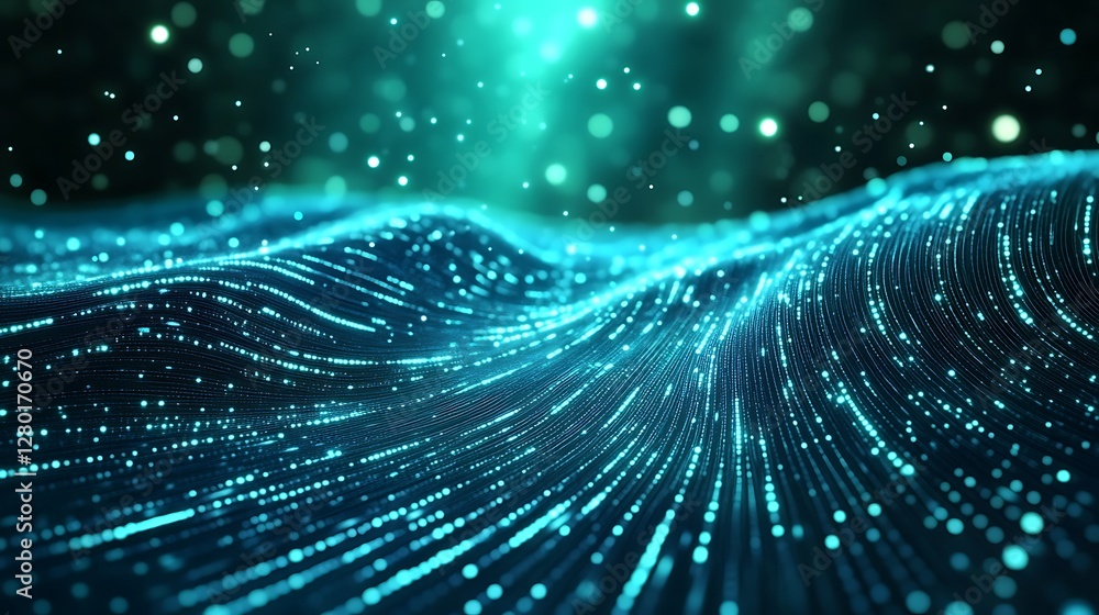 Poster abstract background with teal and blue glowing particles forming wavy lines and patterns. dark backg