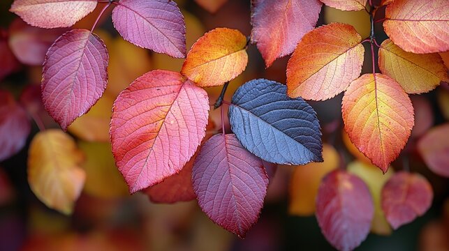 Close-up autumn colorful bright leaves swinging in a tree in autumnal park