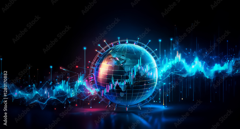 Poster glowing digital globe with vibrant blue and red data streams and graphs. futuristic tech and global 
