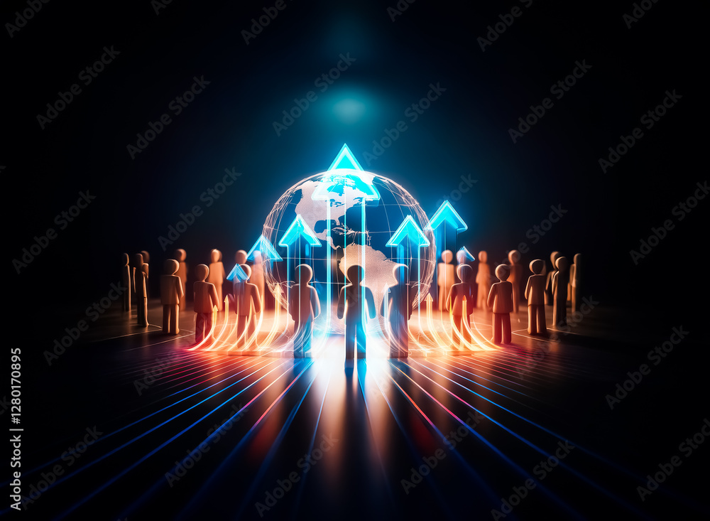 Aufkleber A group of figures gathers around a radiant globe on a round platform. Warm light emanates outward in a dark space with bokeh lights.