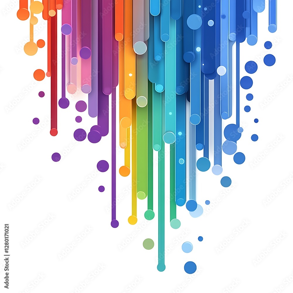Poster abstract image featuring vibrant rainbow colored vertical stripes and scattered circles on a white b