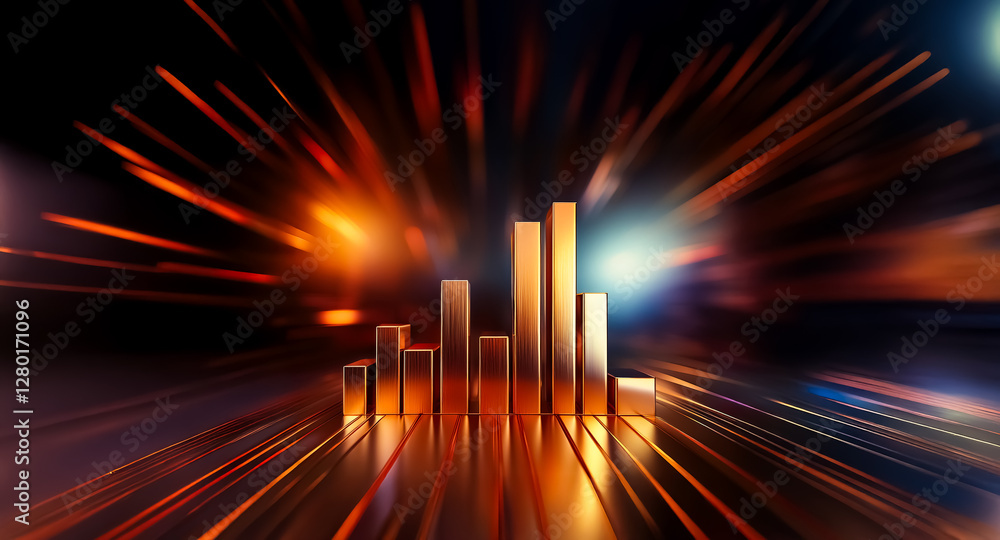 Poster abstract view of golden bars in a rising formation with blurred orange and black lines radiating out