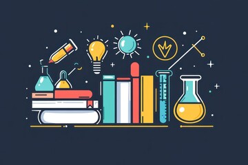 A minimalistic STEM education logo with flat-design icons of books, beakers, and light bulbs arranged in a structured, symmetrical format