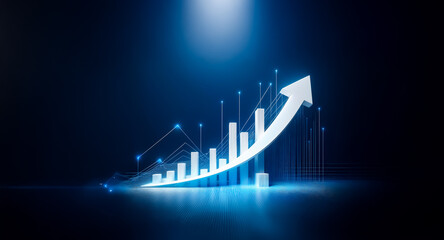 Blue illuminated bar graph with a rising arrow on a dark background. Symbolizes business growth, progress, and positive financial trends.