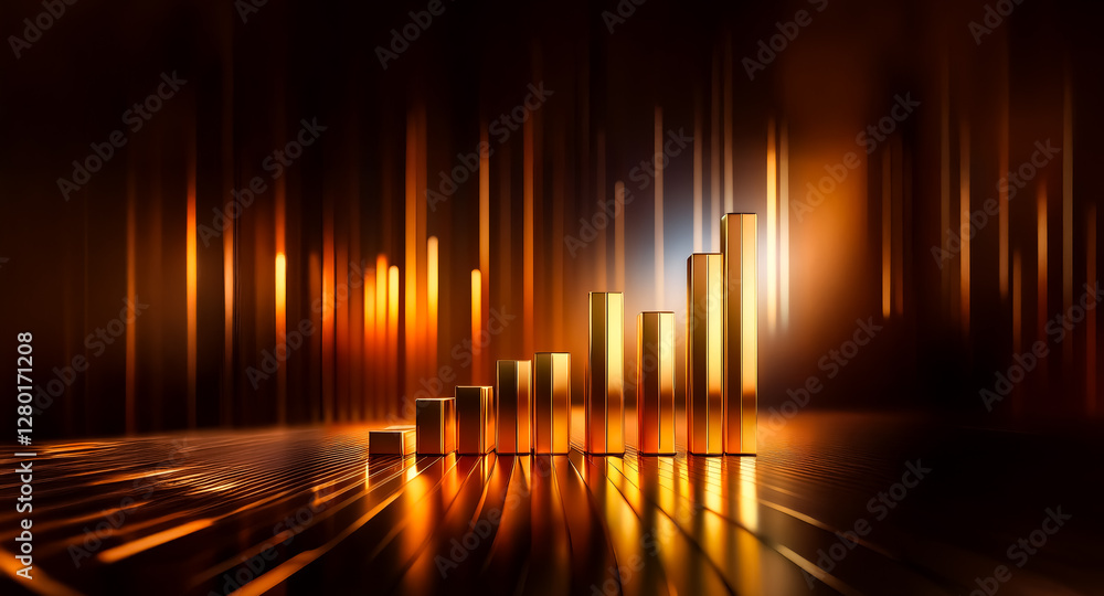 Poster golden bars rise in radiant light against a dark backdrop, symbolizing growth and success. illuminat