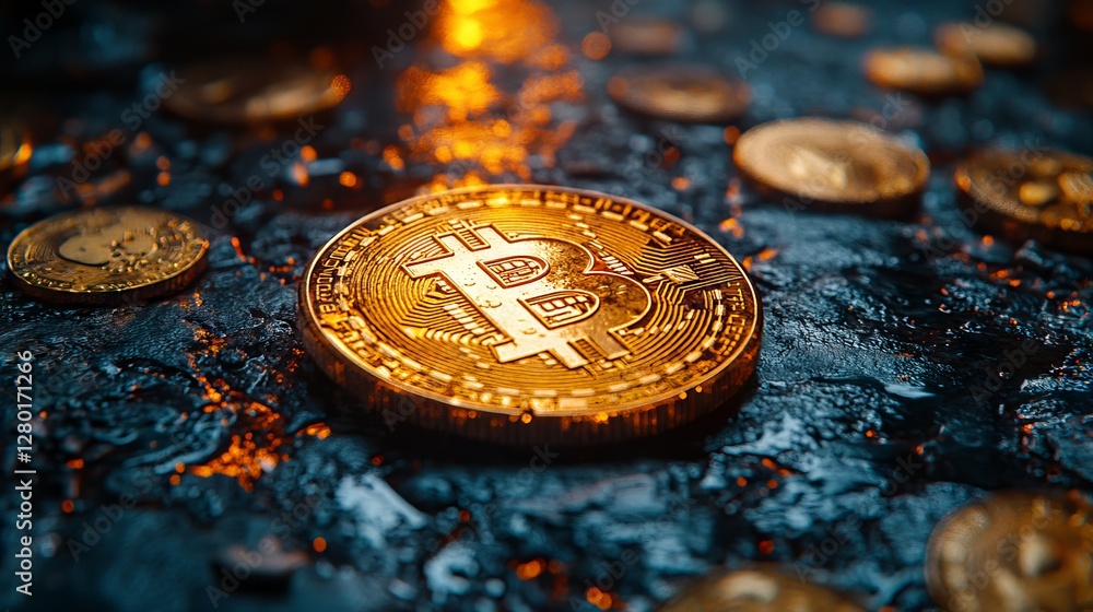 Aufkleber close-up view of bitcoin with surrounding coins and dynamic financial charts depicting cryptocurrenc