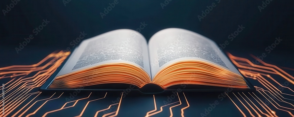 Aufkleber An open book with glowing pages rests on a circuit-patterned surface, symbolizing the fusion of knowledge and technology.