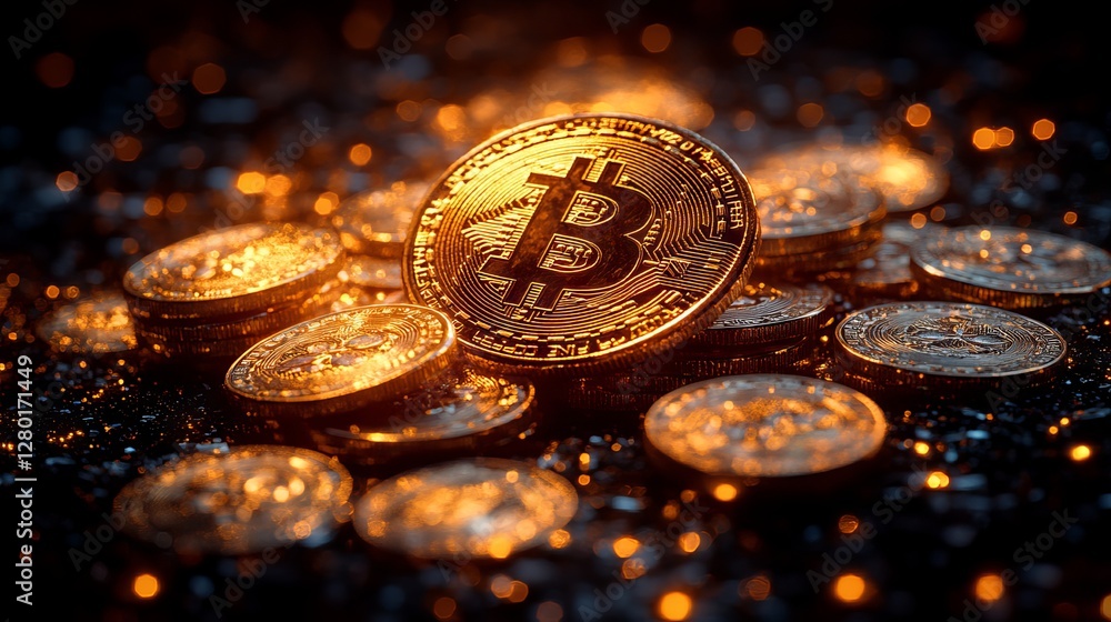 Poster close-up view of bitcoin with surrounding coins and dynamic financial charts depicting cryptocurrenc
