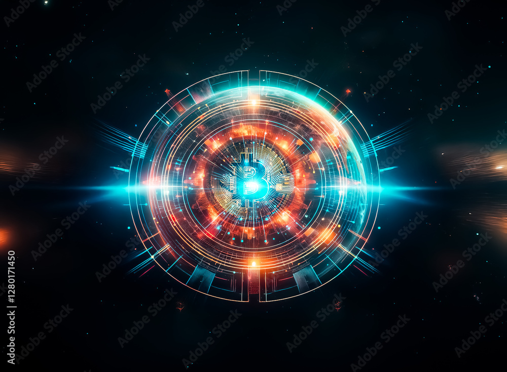 Poster a digital currency symbol is centered on a glowing globe, emanating bright energy in a dark space, r