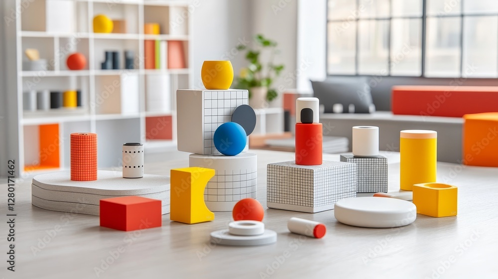 Poster Creative composition of colorful geometric objects arranged in a playful studio setup modern art design with window light and bookcase