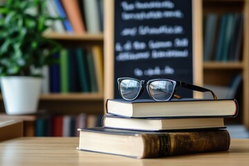 A modern academic setting with a neat arrangement of books, reading glasses, and a motivational chalkboard message promoting the power of education