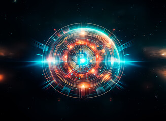 Obraz premium A digital currency symbol is centered on a glowing globe, emanating bright energy in a dark space, representing worldwide finance and modern technology.