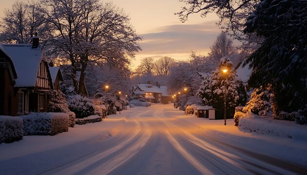 A snow covered street illuminated by streetlights at dusk
