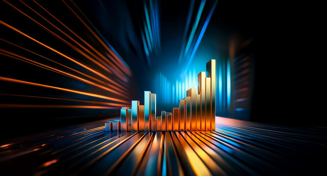 Rising bar chart in warm hues with dynamic light streaks on dark background. Represents data, progress, and growth with abstract and modern feel.