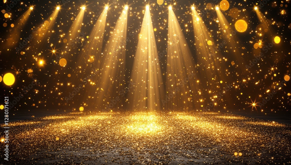 Poster magical golden light beams shining down on a sparkling empty stage with scattered glitter and radian