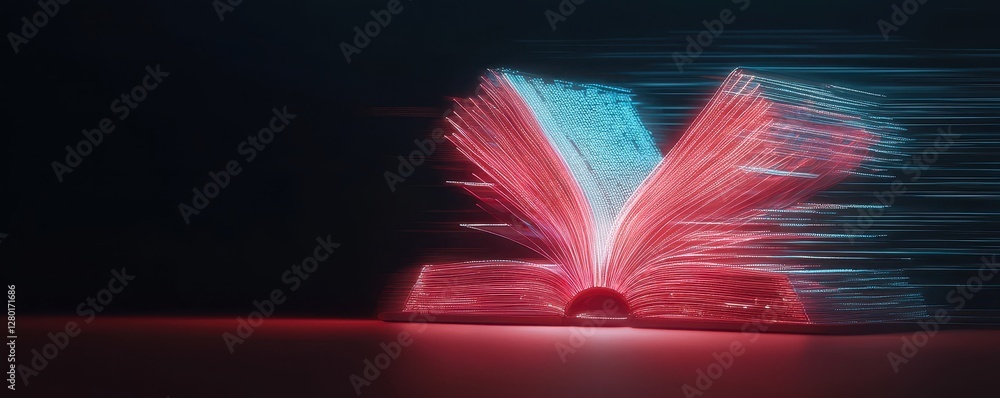 Poster a vibrant, dynamic image of an open book, with colorful light trails suggesting motion and energy, s