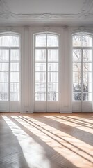 Fototapeta premium Sunlight streams through grand windows in empty Parisian apartment