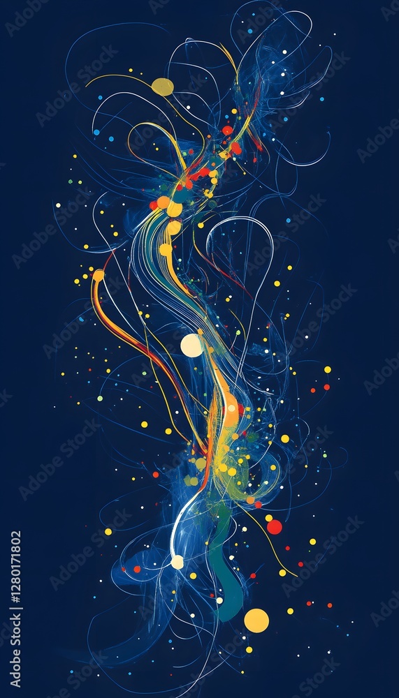 Poster abstract composition with flowing lines and colorful dots on dark blue