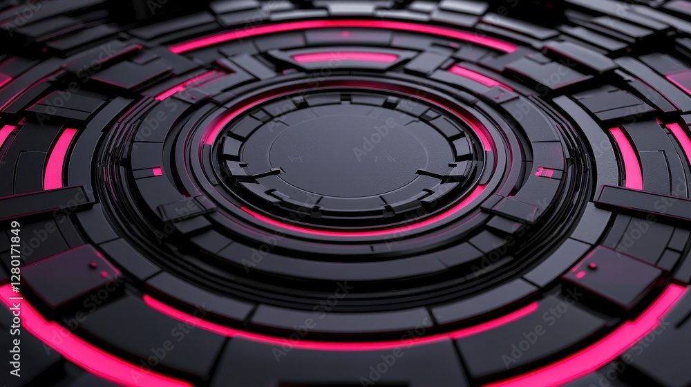 Poster a futuristic design featuring a circular pattern with glowing pink accents against a dark background