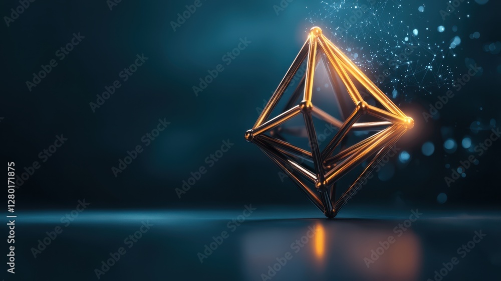Poster a glowing geometric shape floats in a dark, shimmering environment, highlighting a blend of modern d
