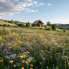 Obraz premium Wide-angle view of field of wildflowers with sustainable wooden cabin in the distance, showcasing tranquil countryside retreat with blooming nature, eco-living, and serene rural landscape