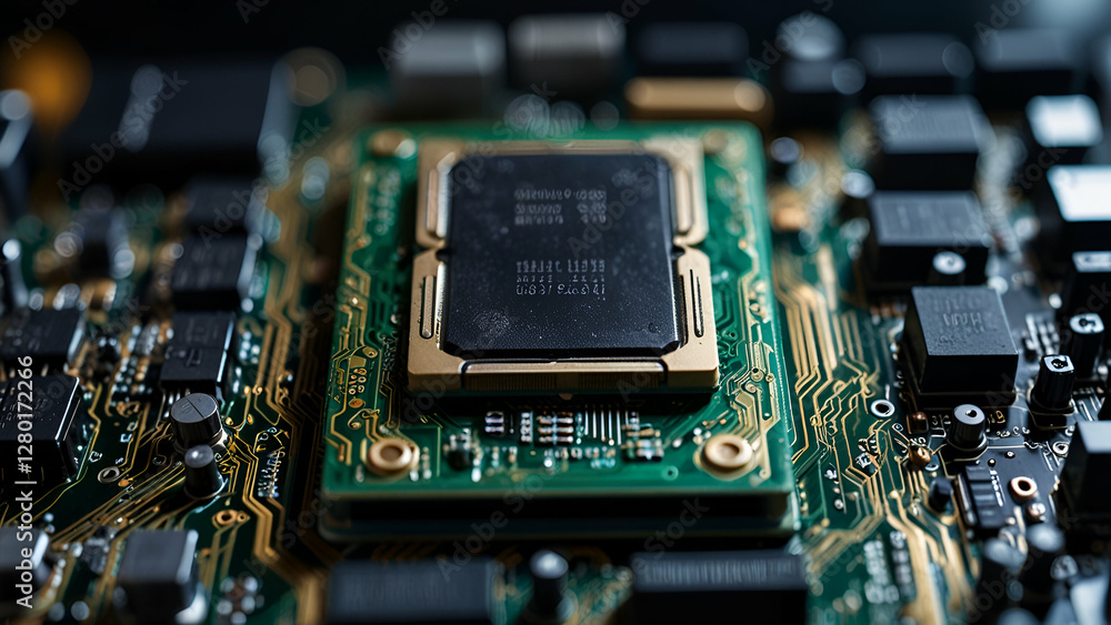 Poster advanced circuit board technology cpu core, motherboard, and digital chip in a high-tech background