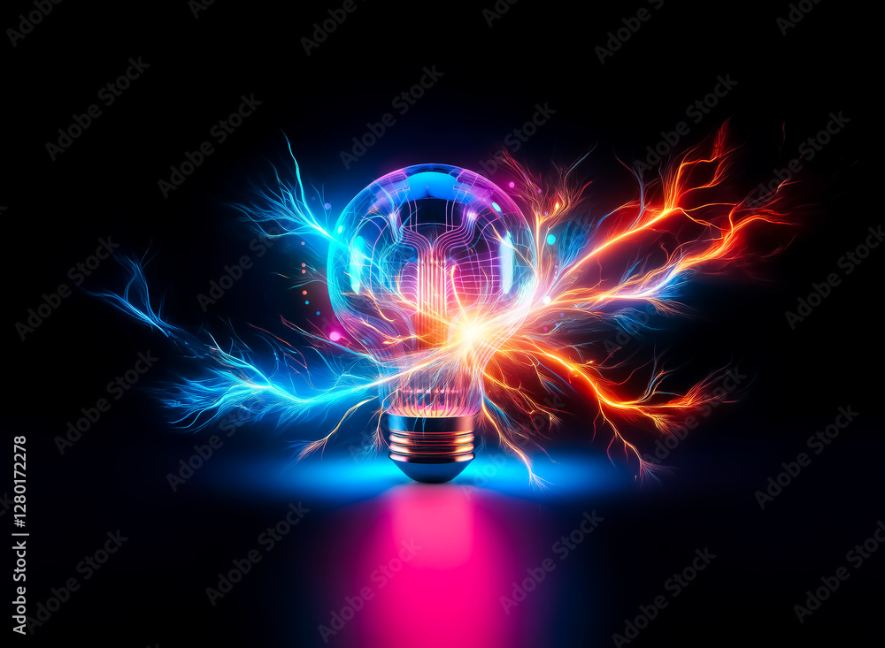 Poster illuminated light bulb with a glowing circuit board inside, radiating neon colors against a dark bac