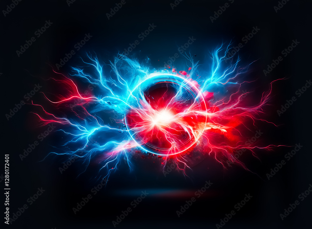 Aufkleber abstract glowing circle emits dynamic bursts of vibrant blue and red energy on a dark backdrop. visu