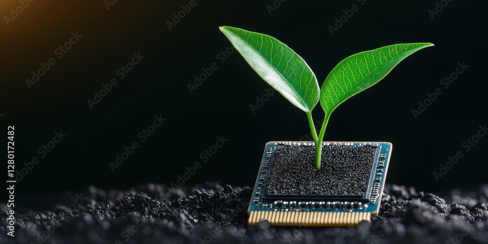Poster a sprouting plant emerges from a computer chip, symbolizing the fusion of technology and nature.