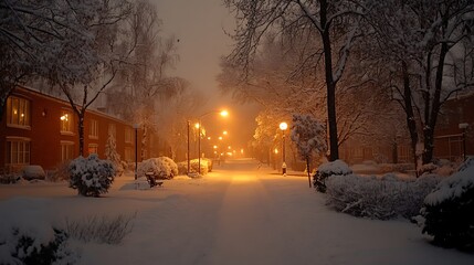 A snowy landscape with illuminated street lights at night