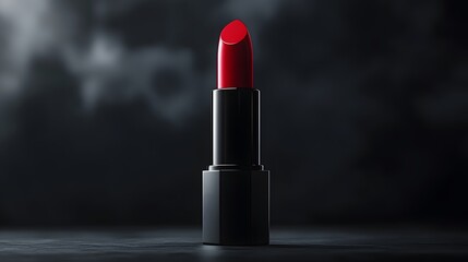 Red lipstick with black case floating against a black background in a minimalistic composition