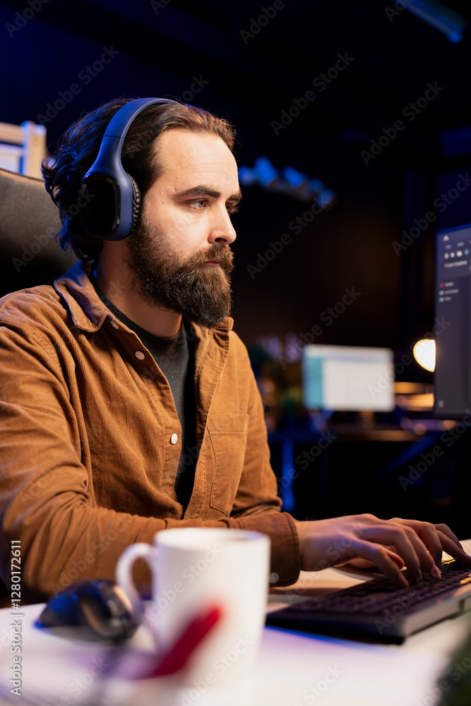 Poster cybersecurity specialist listening audiobooks on stereo headphones while looking for security vulner