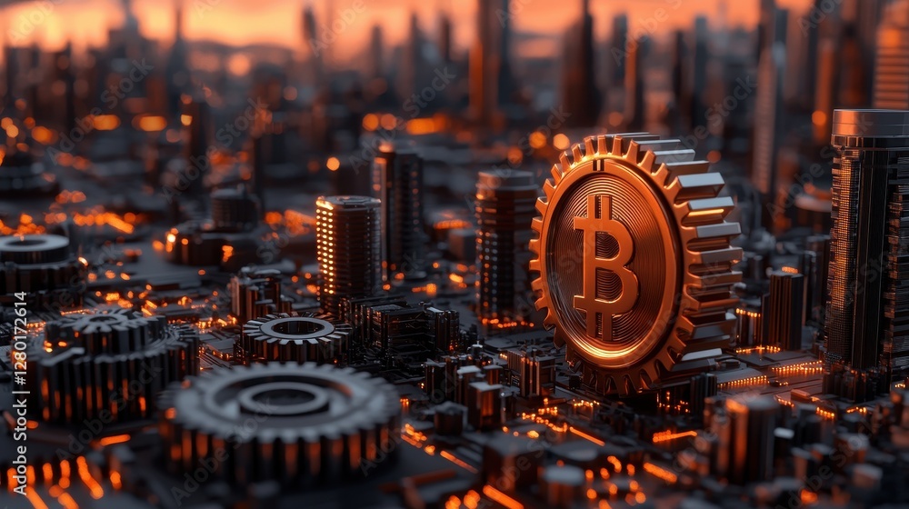 Aufkleber a futuristic scene featuring a large bitcoin symbol amidst intricate mechanical gears, illuminated b